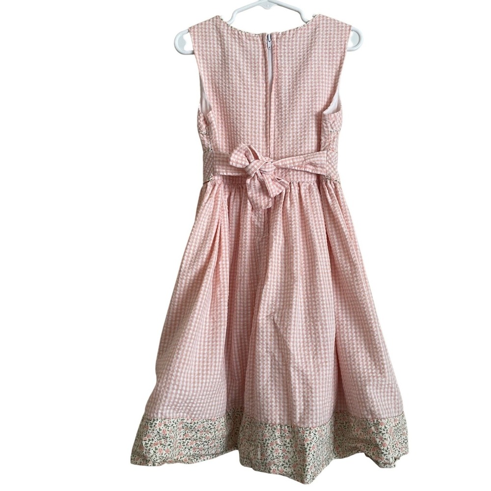 Bonnie Jean Girls Pink Gingham Seersucker Floral Bow Dress 6X Preppy Cottage - Picture 3 of 7